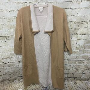 Chicos Long Cardigan Sweater Tan Pockets Stretch Wool Blend